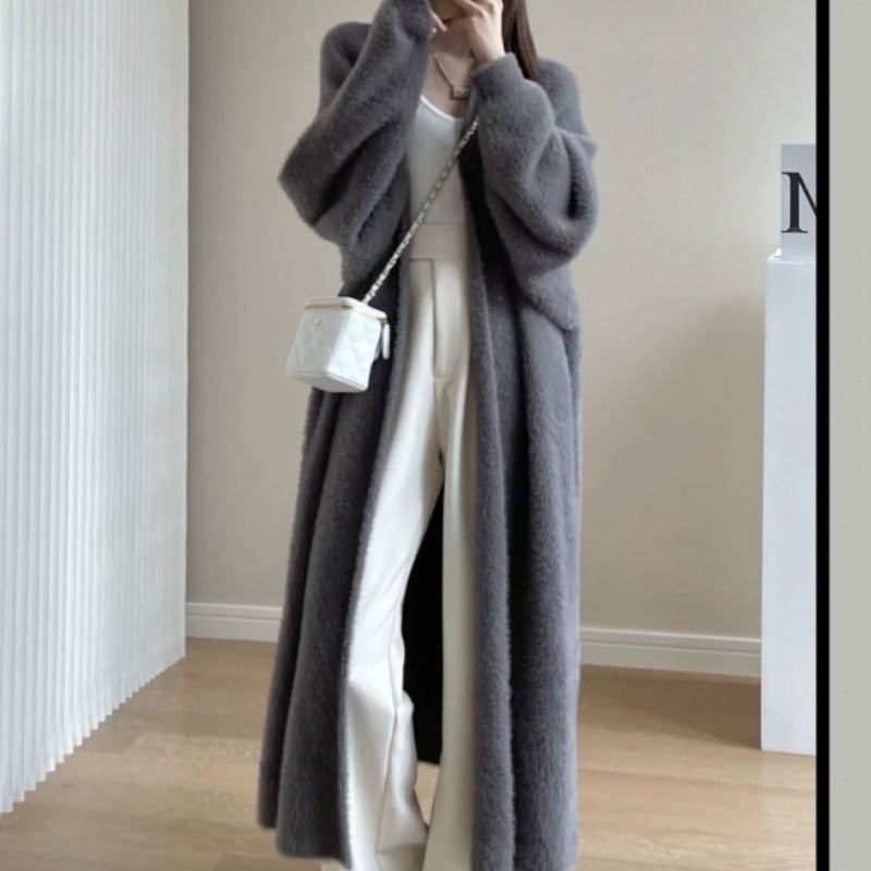 Mink-like Wool Cardigan Loose Size Thickened Mid-length Idle Style Knitted Coat