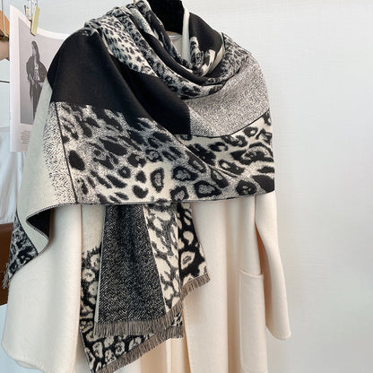 Autumn And Winter Color-blocking Leopard Print Thick Warm Temperament Shawl Atmosphere Scarf