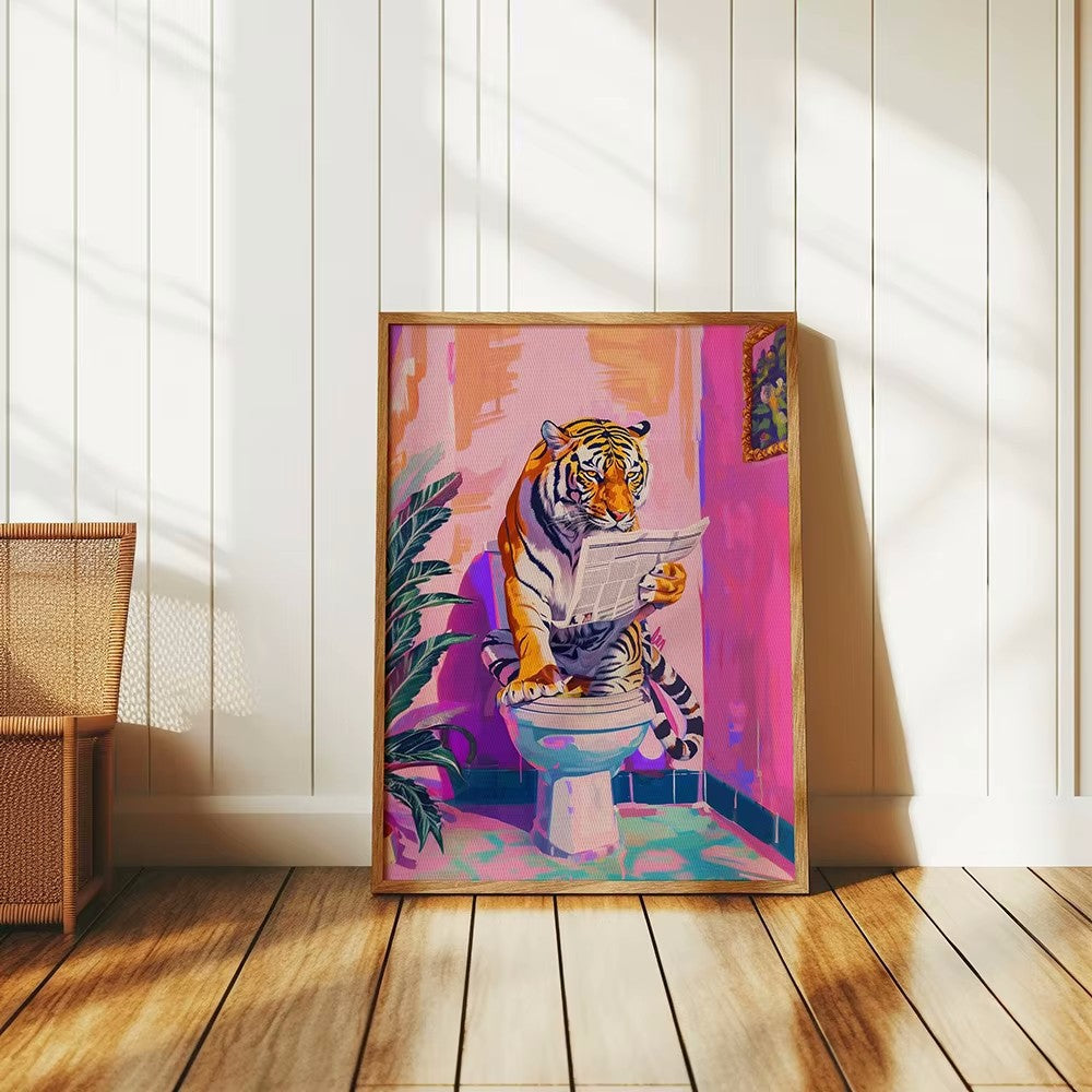 Funny Jungle Animal Tiger In Bathroom Toilet Poster