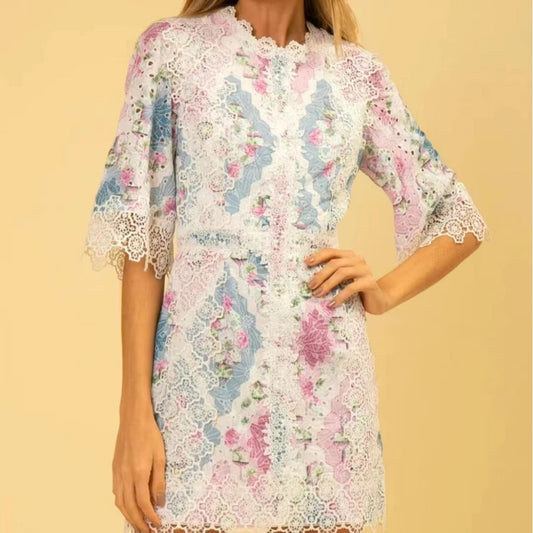 Retro High-grade Light Luxury Palace Contrast Color Printing And Dyeing Stitching Lace Dress