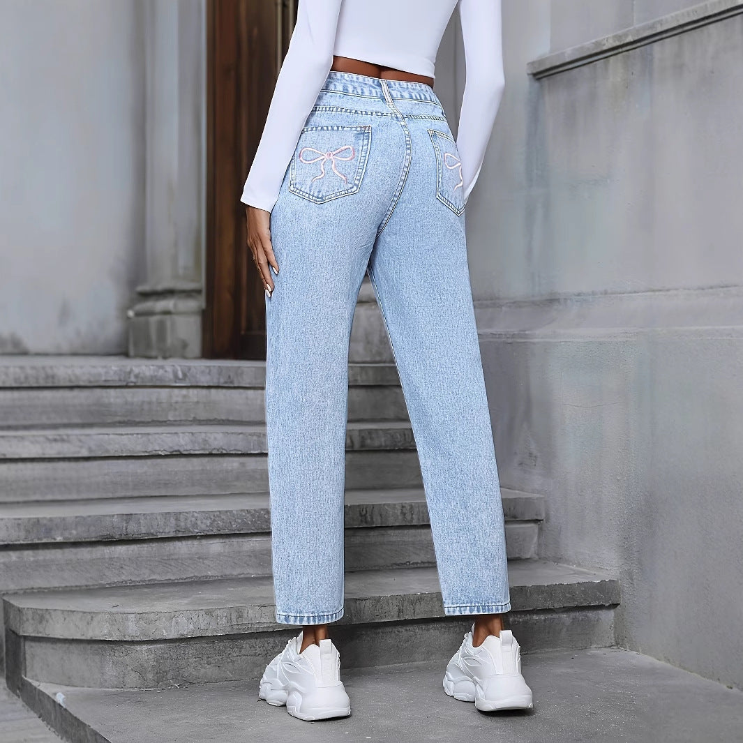 Women's Casual Loose Straight Ripped Denim Trousers