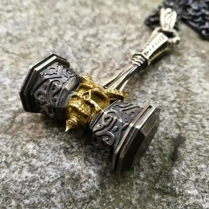 Vintage Viking Gold Skull Hammer Pendant Necklace