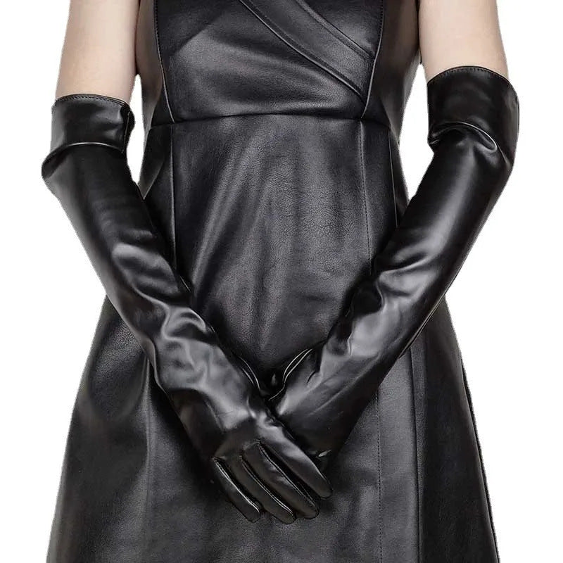 Faux Leather Long Fashion Women's Black Glossy Warm Gloves For Stage Performance