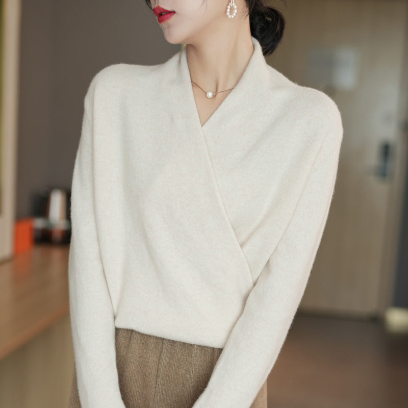 Cross Collar Pure Wool Sweater Female Slim Fit Pullover