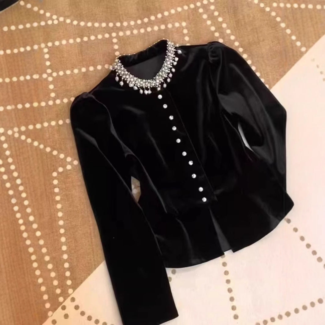 Black Beaded Velvet Puff Sleeve Shirt