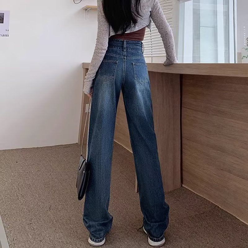 Retro High Waist Jeans Women's Straight Plus Size Wide Leg Pants