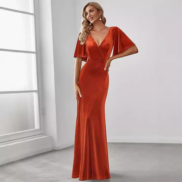 Elegant Bridesmaid Cocktail Party Banquet V-neck Velvet Evening Dress