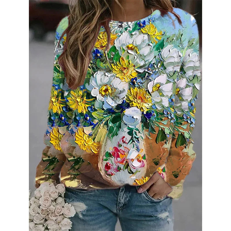 Ölgemälde Bunte Blumen Damen Langarm Pullover Top