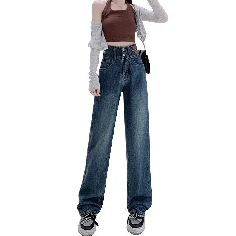 Retro High Waist Jeans Women's Straight Plus Size Wide Leg Pants