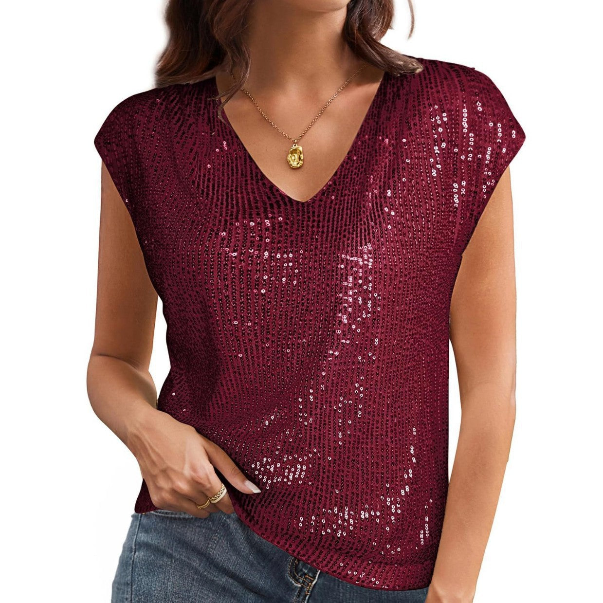 Women's V-neck Sequins Short-sleeved Top Vest