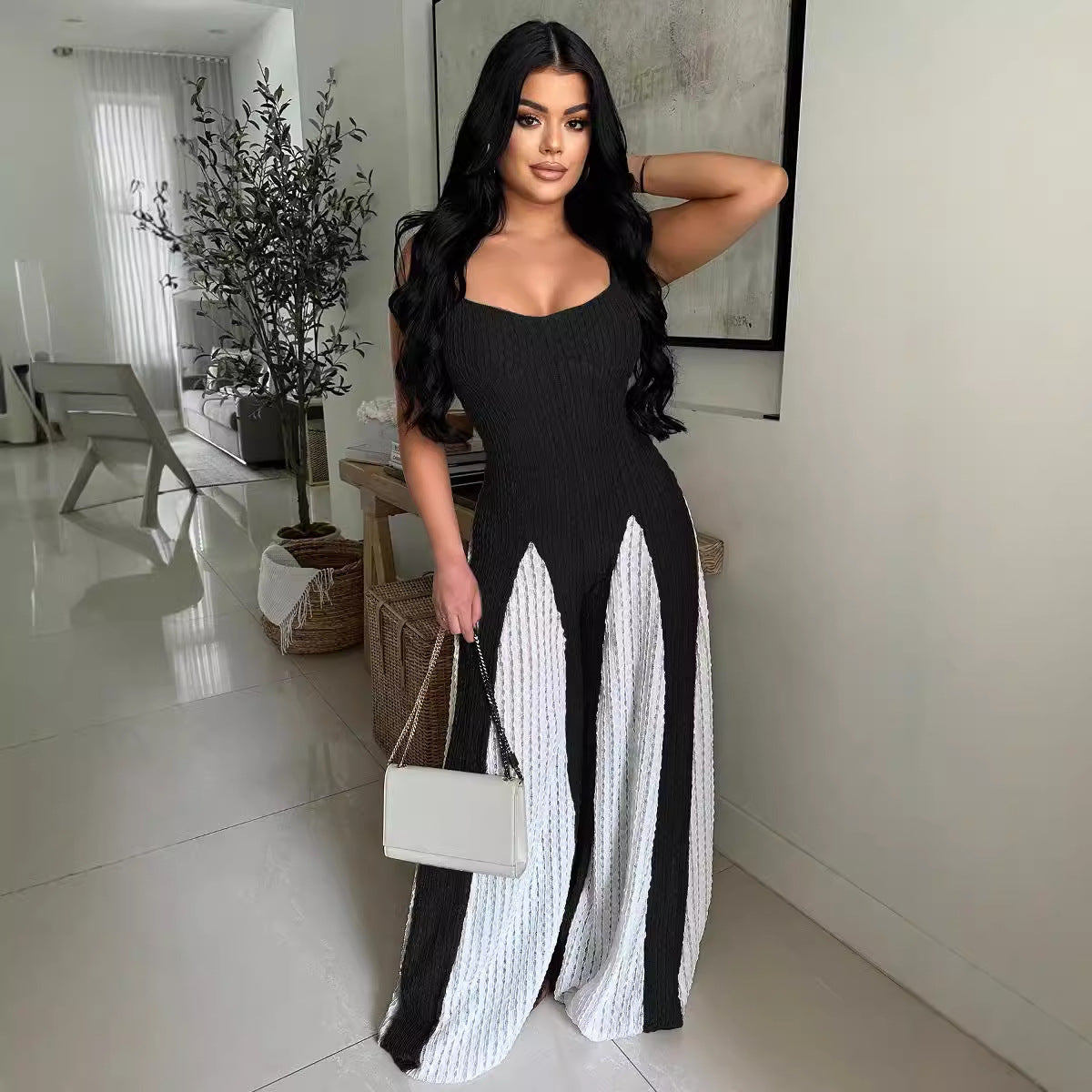 Sexy Cutout Wide Leg Knitted Sling Stitching Contrast Color Jumpsuit