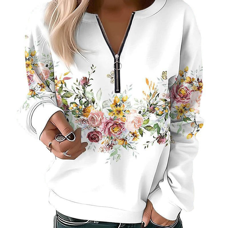 Women's Printed V-neck Long Sleeve Pullover Loose Sweater