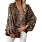 European And American V-neck Leopard Print Casual Long-sleeved Top