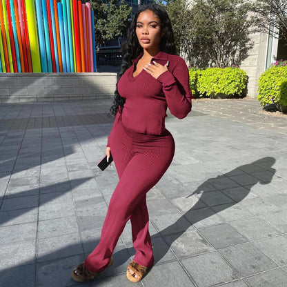 M20783 Women's Clothing Sunken Stripe Long Sleeve Temperament Commute Solid Color Two-piece Set