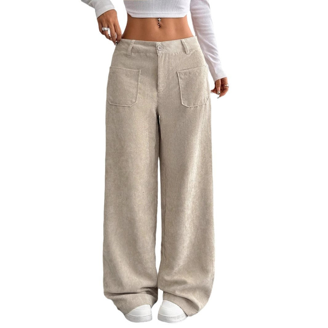 Loose Solid Color Pocket Mop Wide Leg Pants