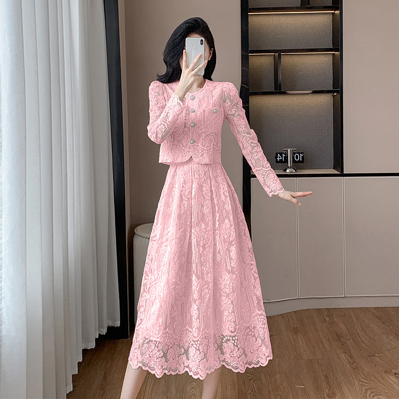 Fashionable Embroidered Suit Skirt Socialite Light Luxury Water Soluble Lace Skirt Two-piece Set