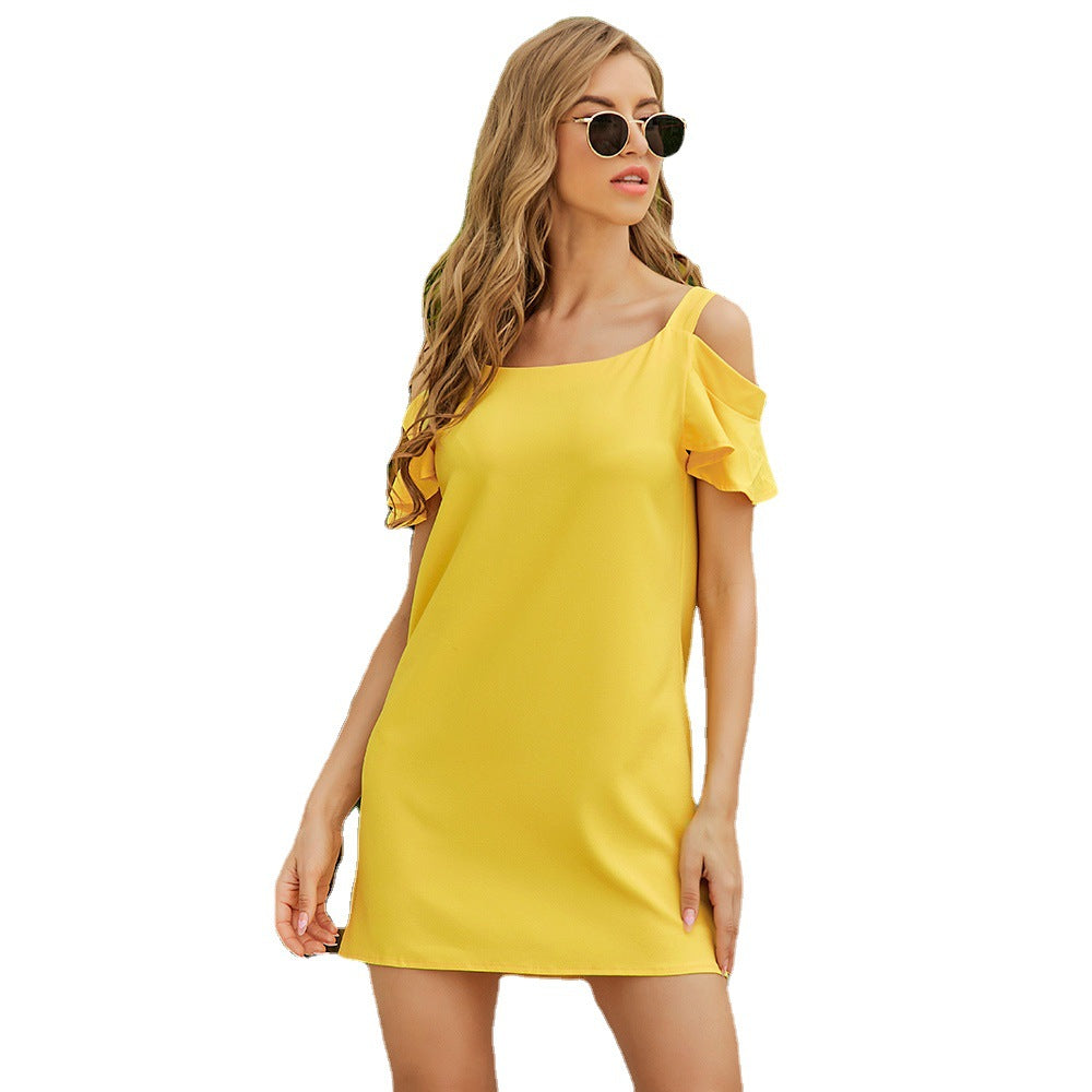 Solid Color Cool Wooden Ear Off-the-shoulder Dress