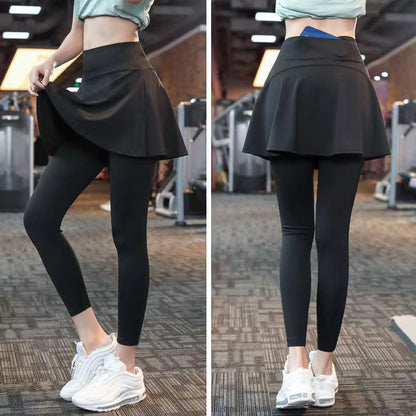 Fake Two-piece Sport Pants Ankle-tied Fitness Pantskirt