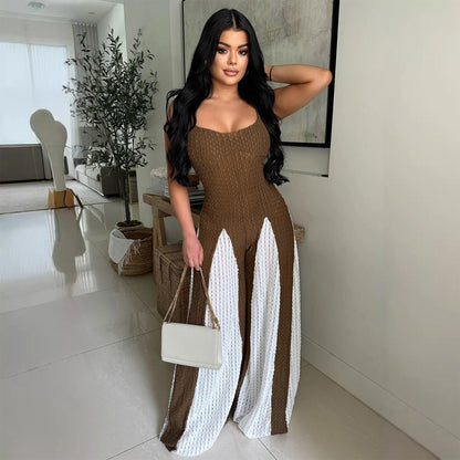 Sexy Cutout Wide Leg Knitted Sling Stitching Contrast Color Jumpsuit