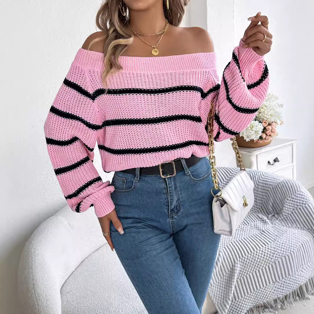 Casual Striped Off-the-shoulder Lantern Sleeve Pullover