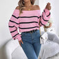 Casual Striped Off-the-shoulder Lantern Sleeve Pullover