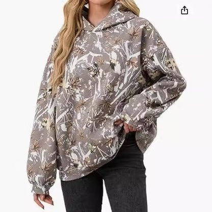 Camouflage Wool Hoodie Women's Long Sleeve Drop Shoulder Oversized