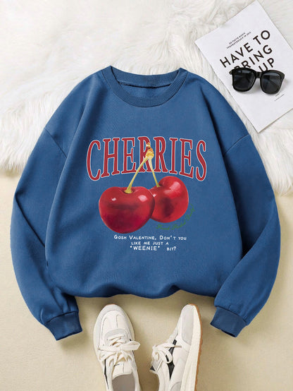 Fashion Women's Sweatshirt Fresh Red Cherry Printed Sweater