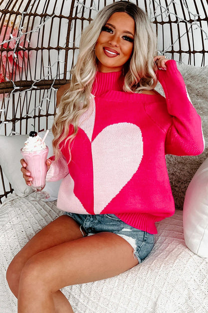 Contrast Color Love Peach Shoulder Width Loose Long Sleeve Sweater