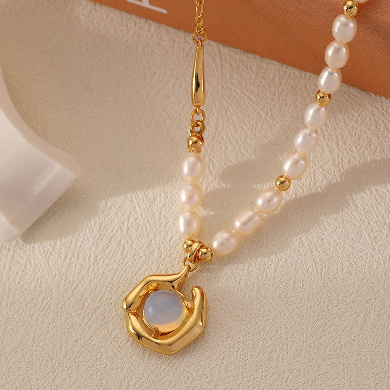 French Retro Moonstone Natural Freshwater Pearl Necklace