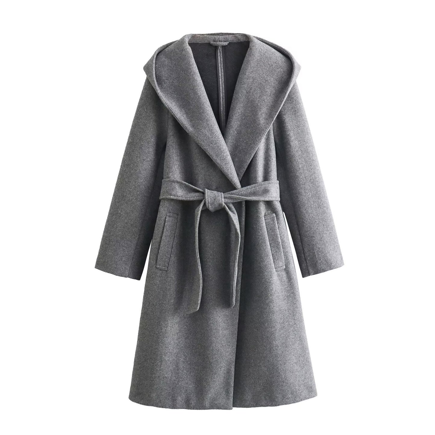 Women's Lace-up Waist Elegant Hooded Woolen Coat