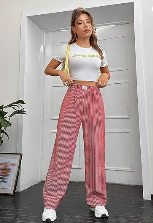 Striped Printed Women's High Waist Straight Wide Leg Pants