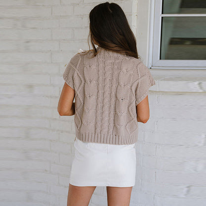 Autumn And Winter New Knitted Short-sleeved Shirt Women's Splicing Pullover