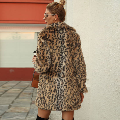 European And American Artificial Fur Women's Suit Collar Long Leopard Print Coat