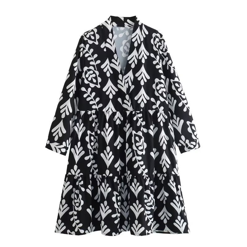 Long Sleeve Geometric Printed Shirt Dress