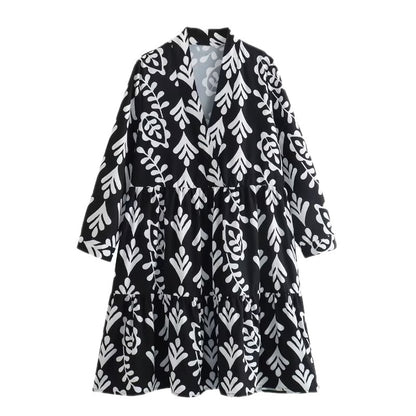 Long Sleeve Geometric Printed Shirt Dress