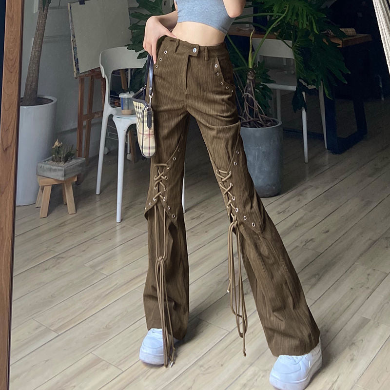 High Waist Lace-up Design Solid Color Street Shot Casual Trousers