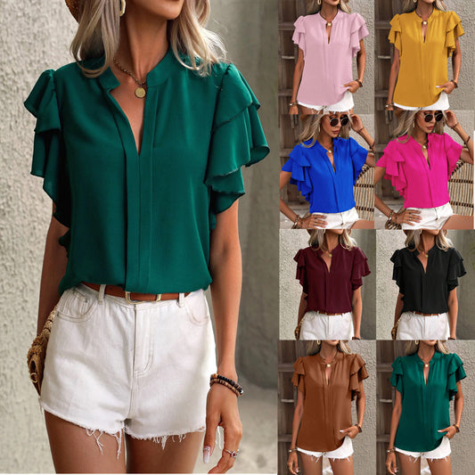 Casual Summer V-neck Solid Color Shirt Top