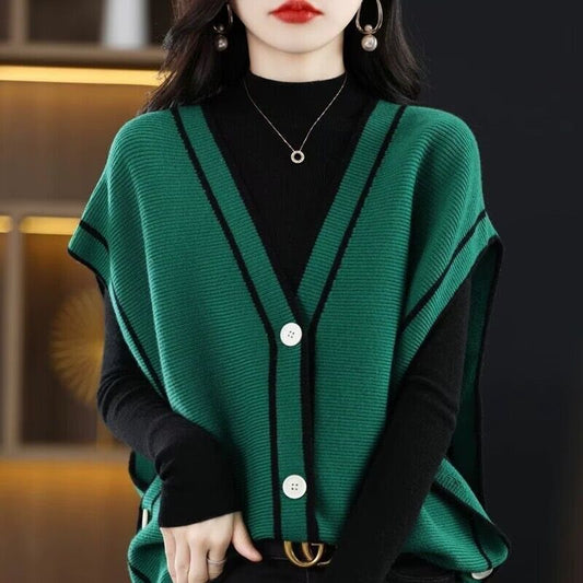 Single-breasted Color Matching Sleeveless Sweater Coat Loose Knitted Cardigan Waistcoat