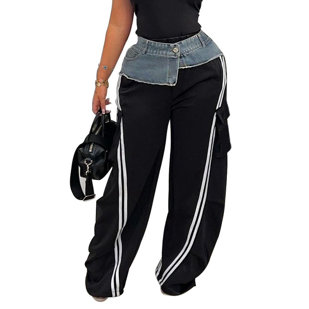 Women's Fashion Denim Stitching Elastic Waist Pull Strip Baggy Straight Trousers