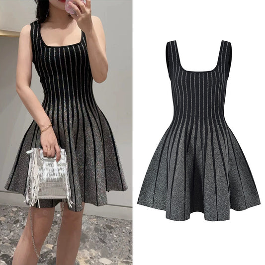 French Style Temperament Socialite Contrast Color Vertical Stripes Silver Shiny Knitted Skirt