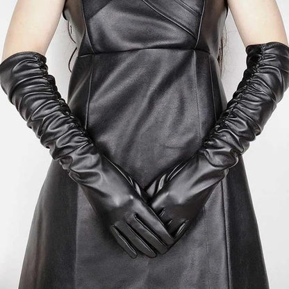 Faux Leather Long Fashion Women's Black Glossy Warm Gloves For Stage Performance