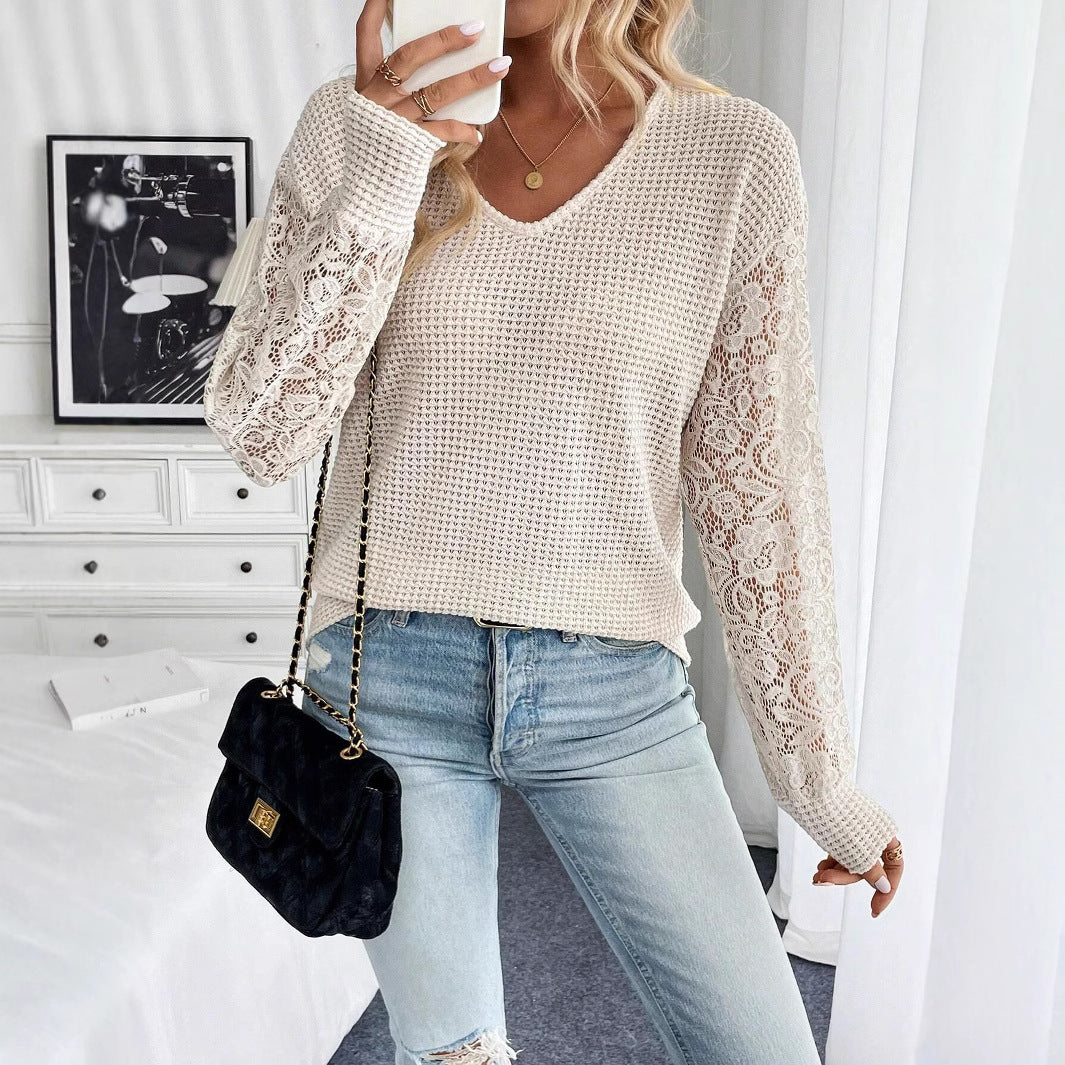 Elegant Women's Solid Color V-neck Lace Stitching Long Sleeve T-shirt