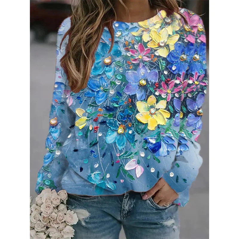 Ölgemälde Bunte Blumen Damen Langarm Pullover Top