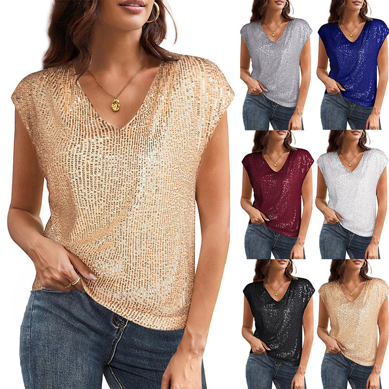 Women's V-neck Sequins Short-sleeved Top Vest