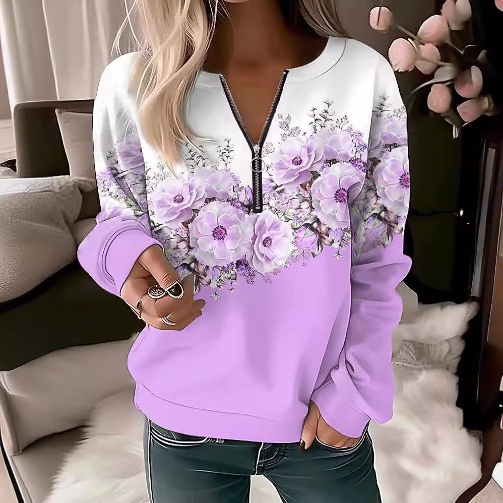 Women's Printed V-neck Long Sleeve Pullover Loose Sweater