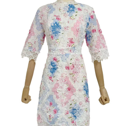 Retro High-grade Light Luxury Palace Contrast Color Printing And Dyeing Stitching Lace Dress