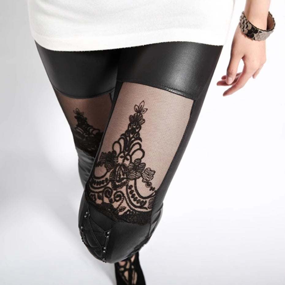 Jacquard Lace Stitching Casual Women's Base Leather Pants