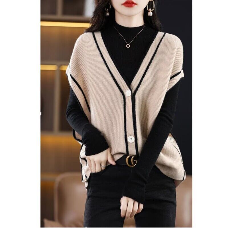 Single-breasted Color Matching Sleeveless Sweater Coat Loose Knitted Cardigan Waistcoat