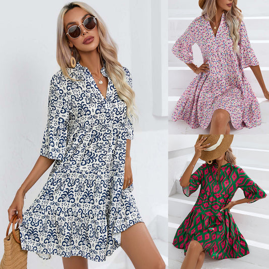 Women's 3 Summer Loose V-neck Casual Dress