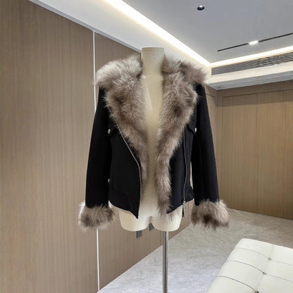 Winter Black Fur Motorcycle Warm Jacket